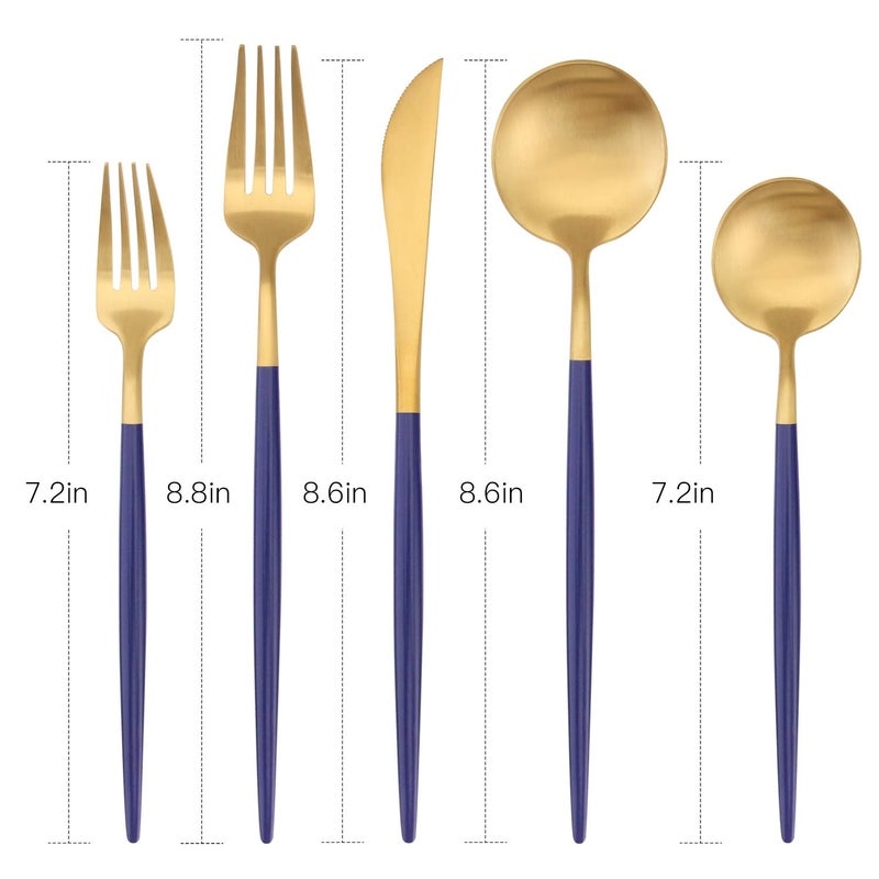 Bysta Matte Gold Silverware Set with blue handle, Bysta 20-Piece Stainless Steel Flatware Set, Kitchen Utensil Set Service for 4, Tableware Cutlery Set for Home and Restaurant, Satin Finish, Dishwasher Safe - Image 2